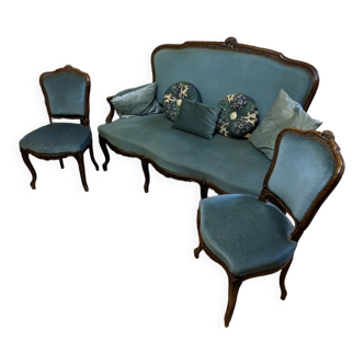Sofa and 2 chairs Louis XV style dating from the 19th solid wood and blue velvet