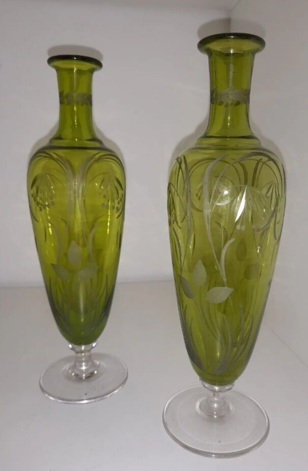 Antique soliflore vases on engraved glass stand