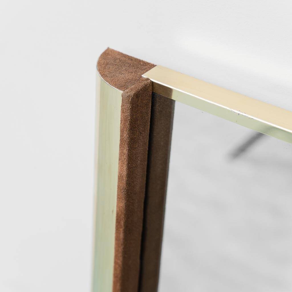 Large vintage mirror with brass and suede frame, 1970s – modernist design