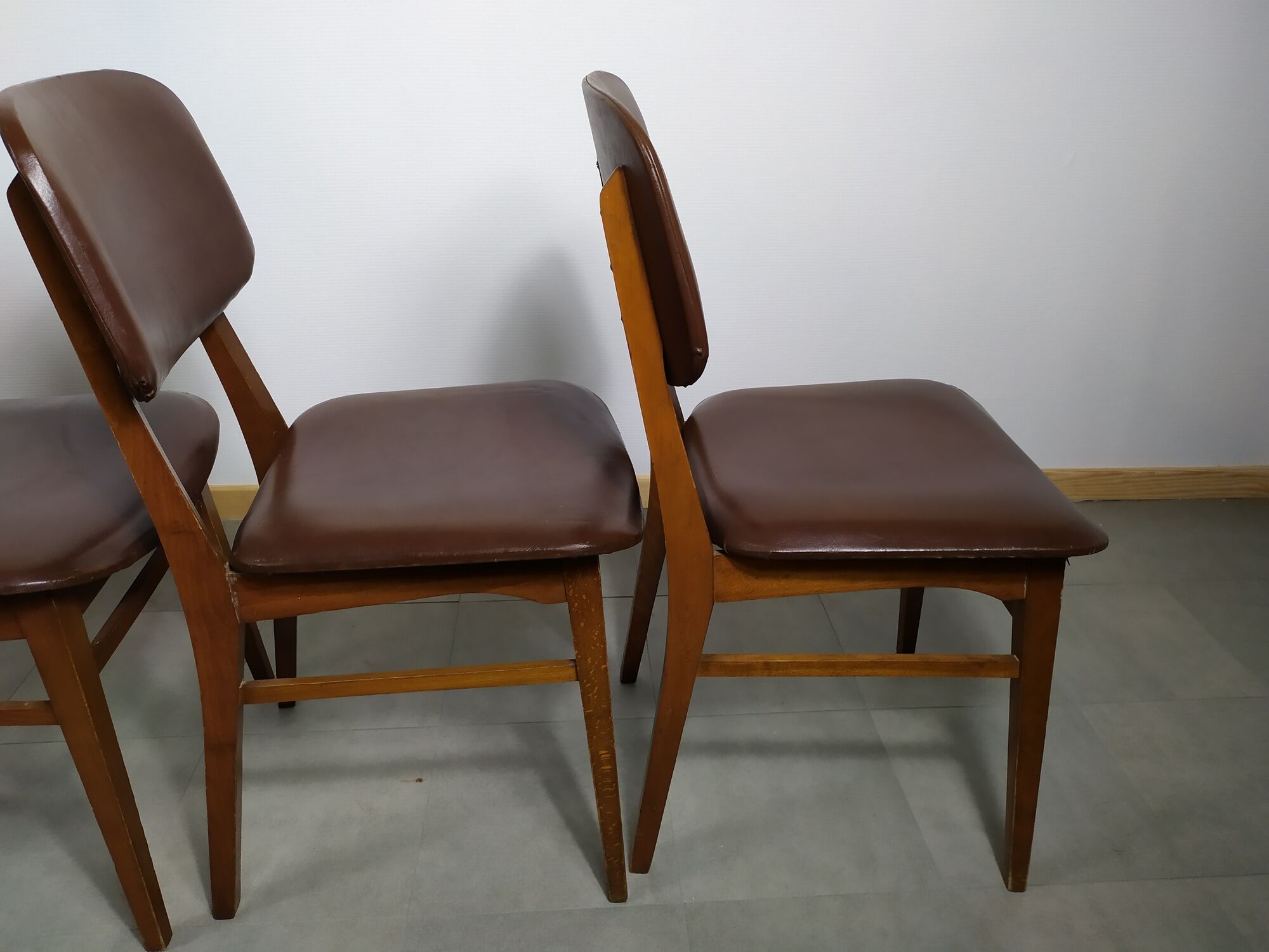 Suite de 6 chaise bois skaï marron brus vintage année 50 - 60
