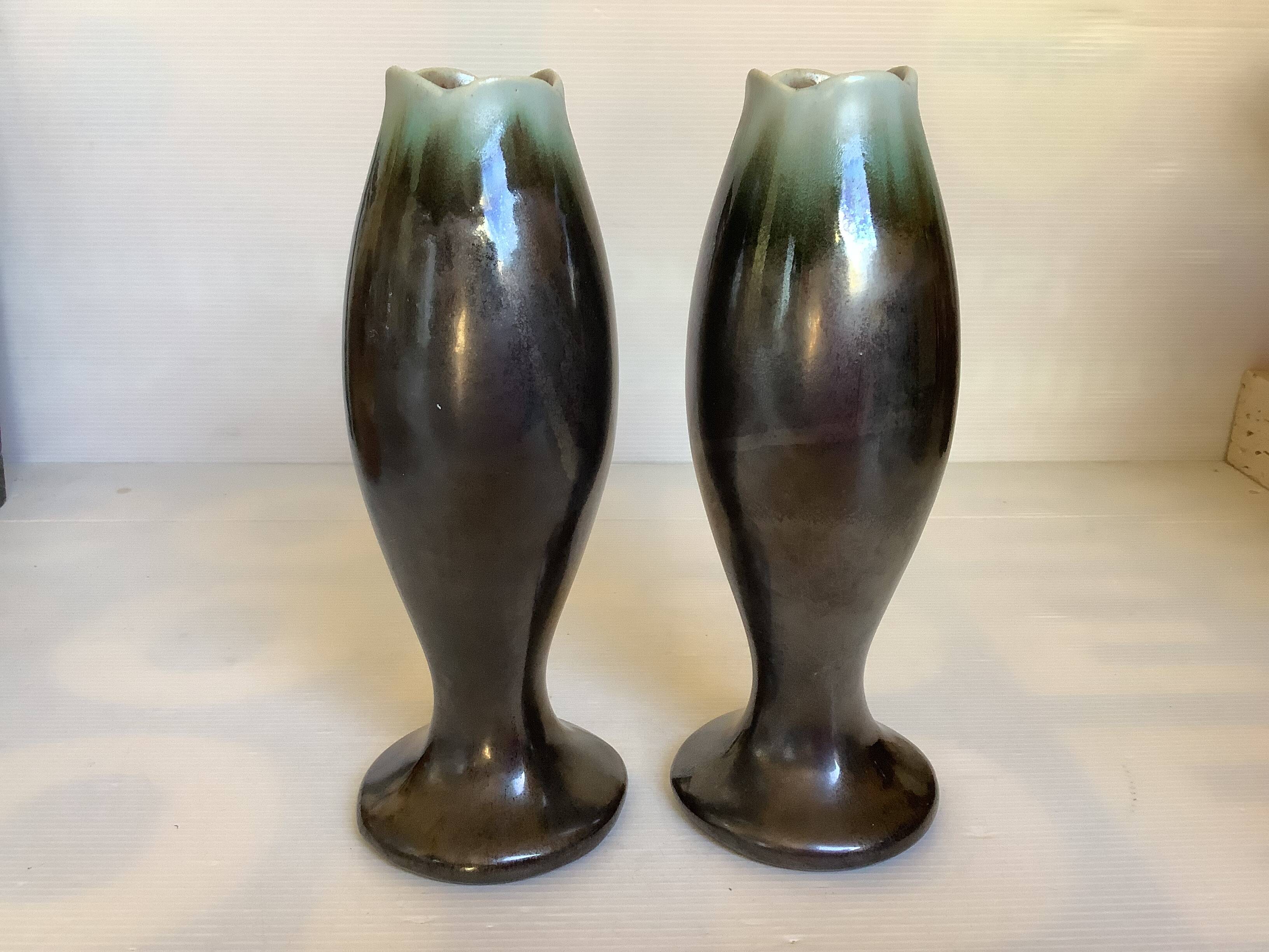 Pair of flamed ceramic vases Thulin Made in Belgium
