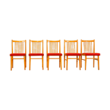 Set of 5 wooden chairs and red fabric