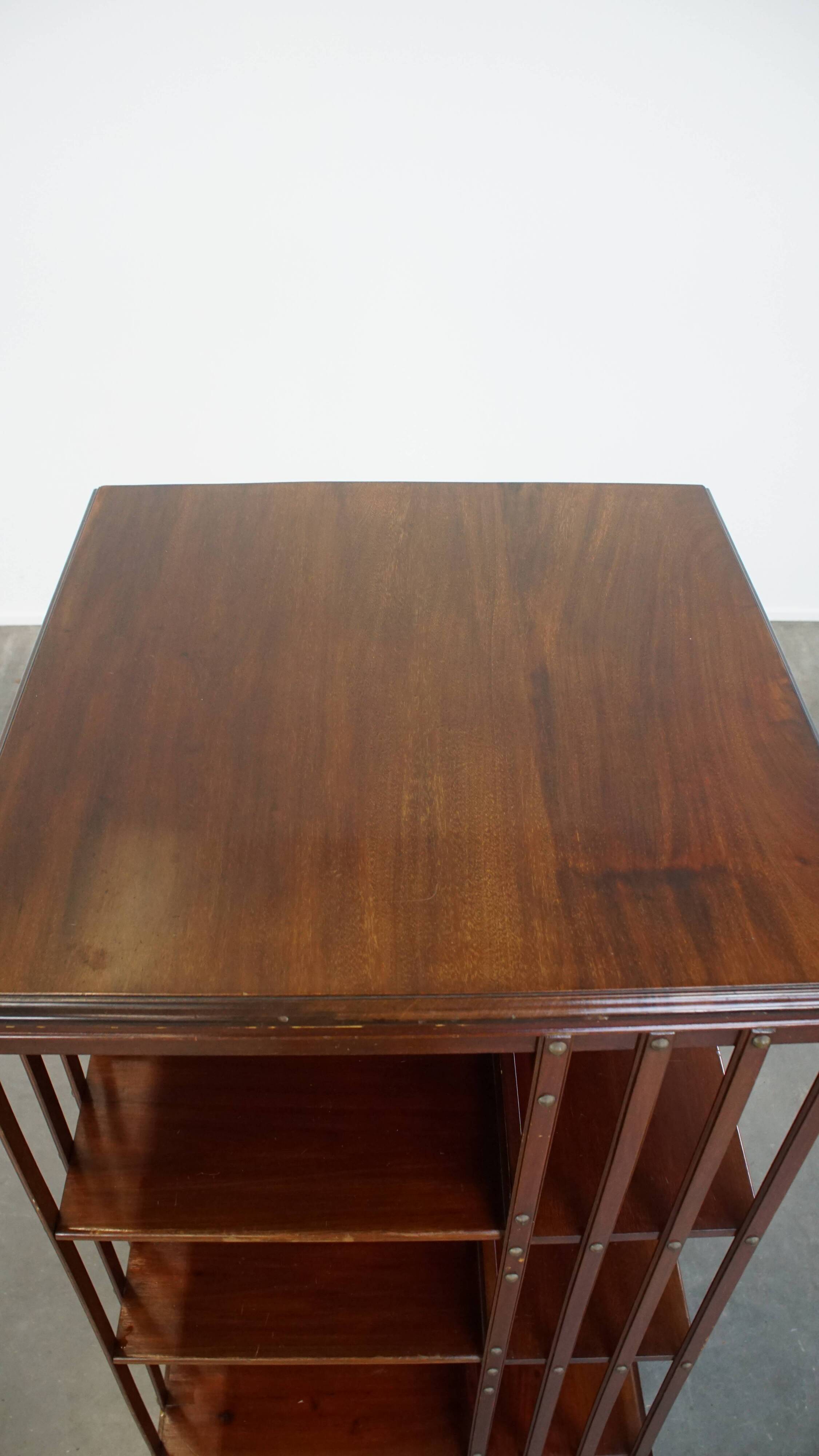 Large Antique Wooden English Book Carousel with Cast Iron Base