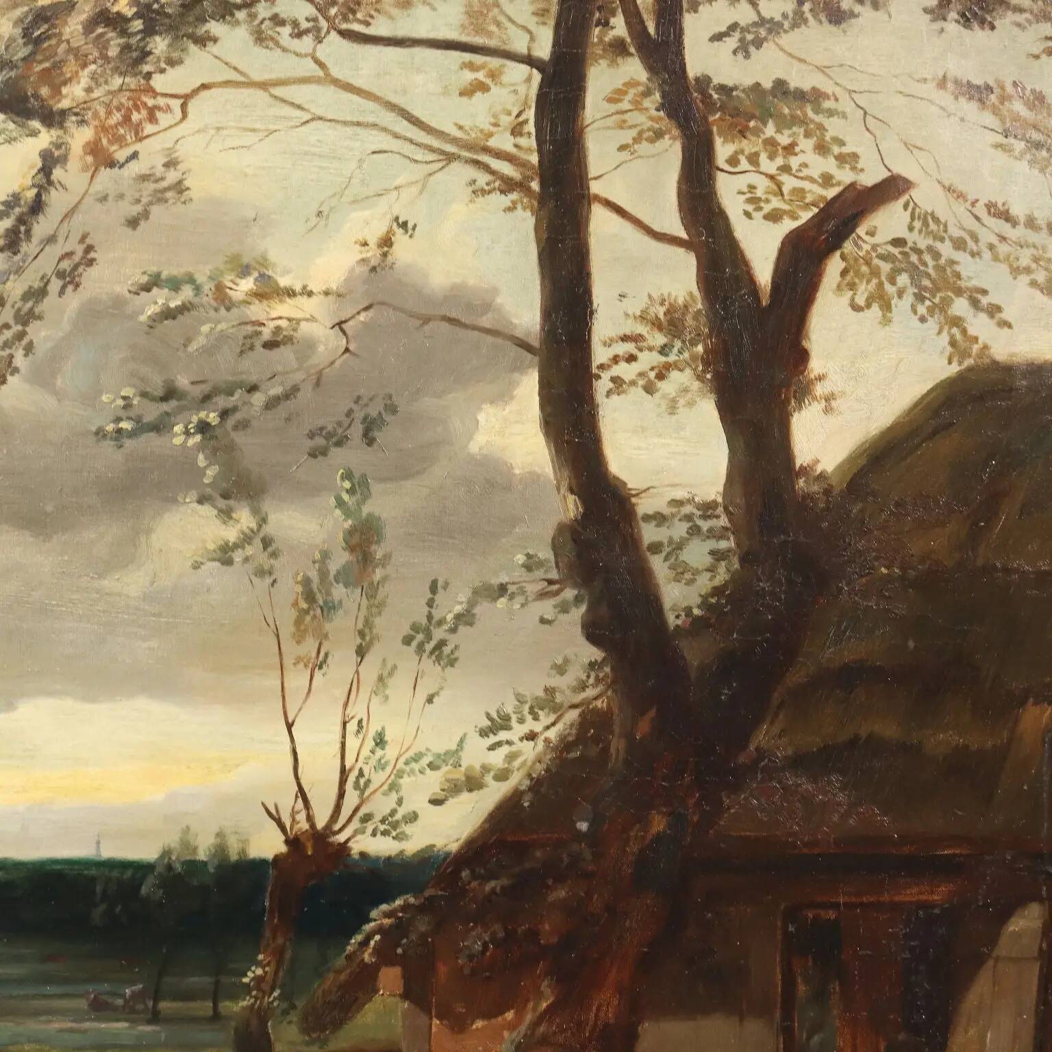 Peinture ancienne scène champêtre, huile sur toile, Europe du Nord '800