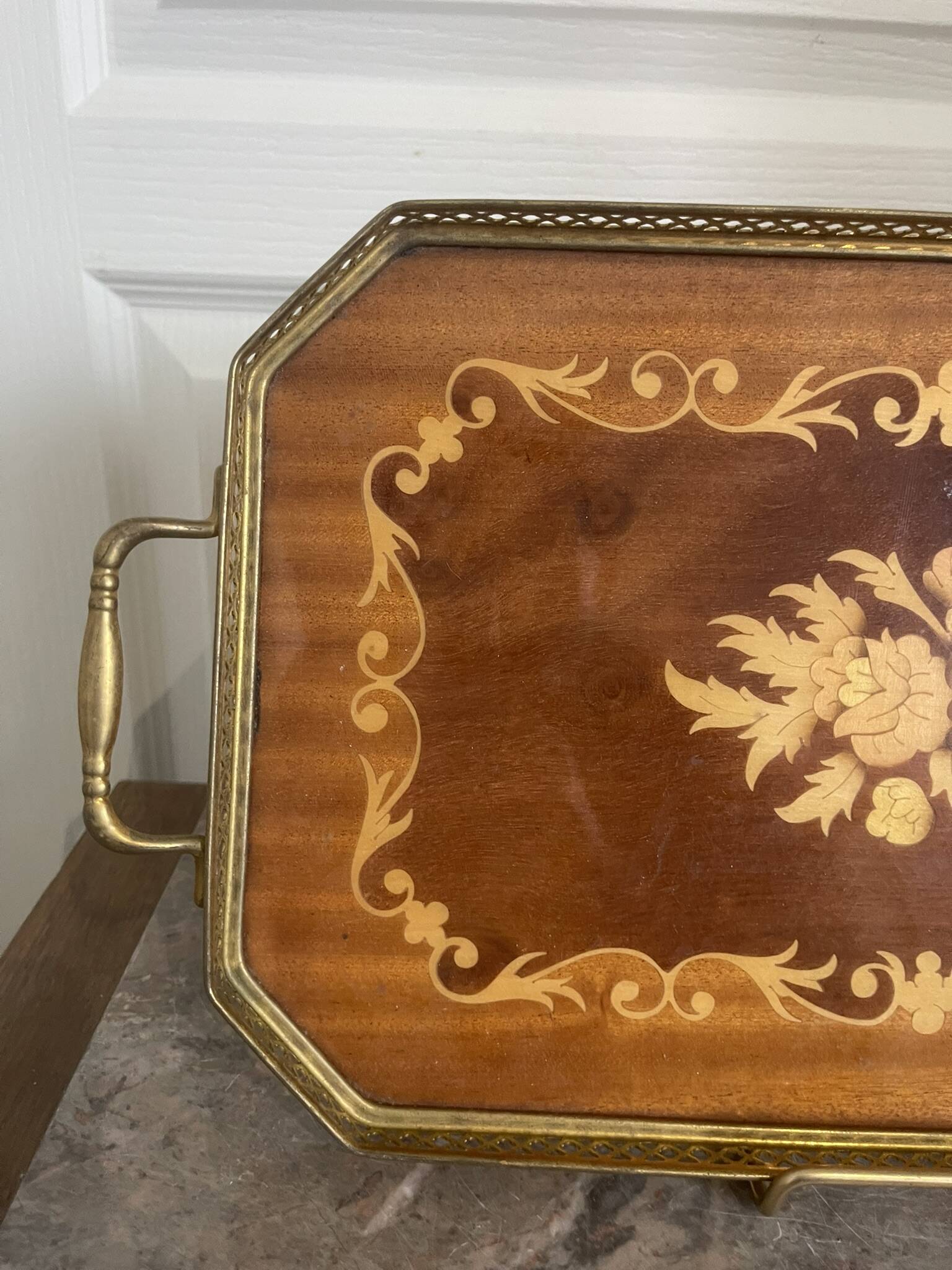 Vintage Italian Sorrento Wood Marquetry Brass Serving Tray 36