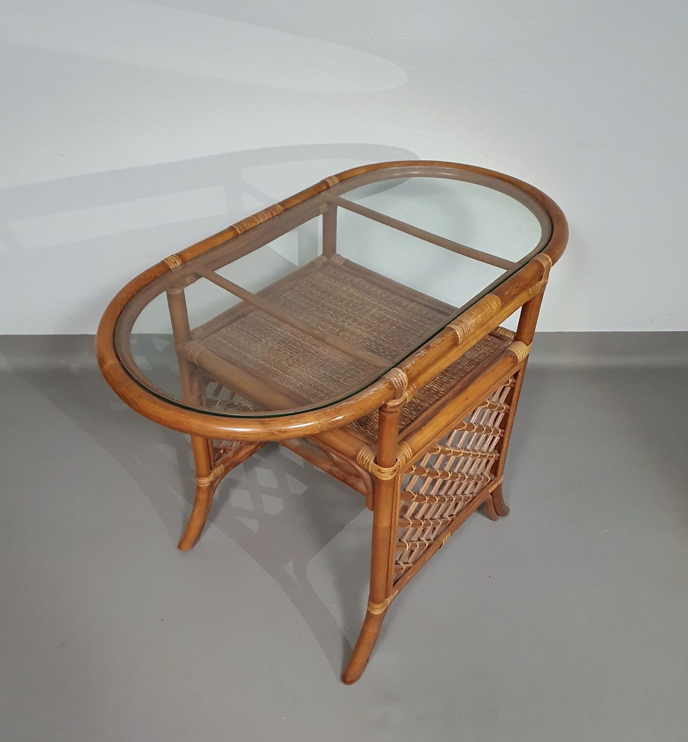 Rattan / bamboo balcony side table / chairs set 1970s