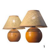 pair of solid wood ball lamps 70 to 80 new wicker lampshades 25x20