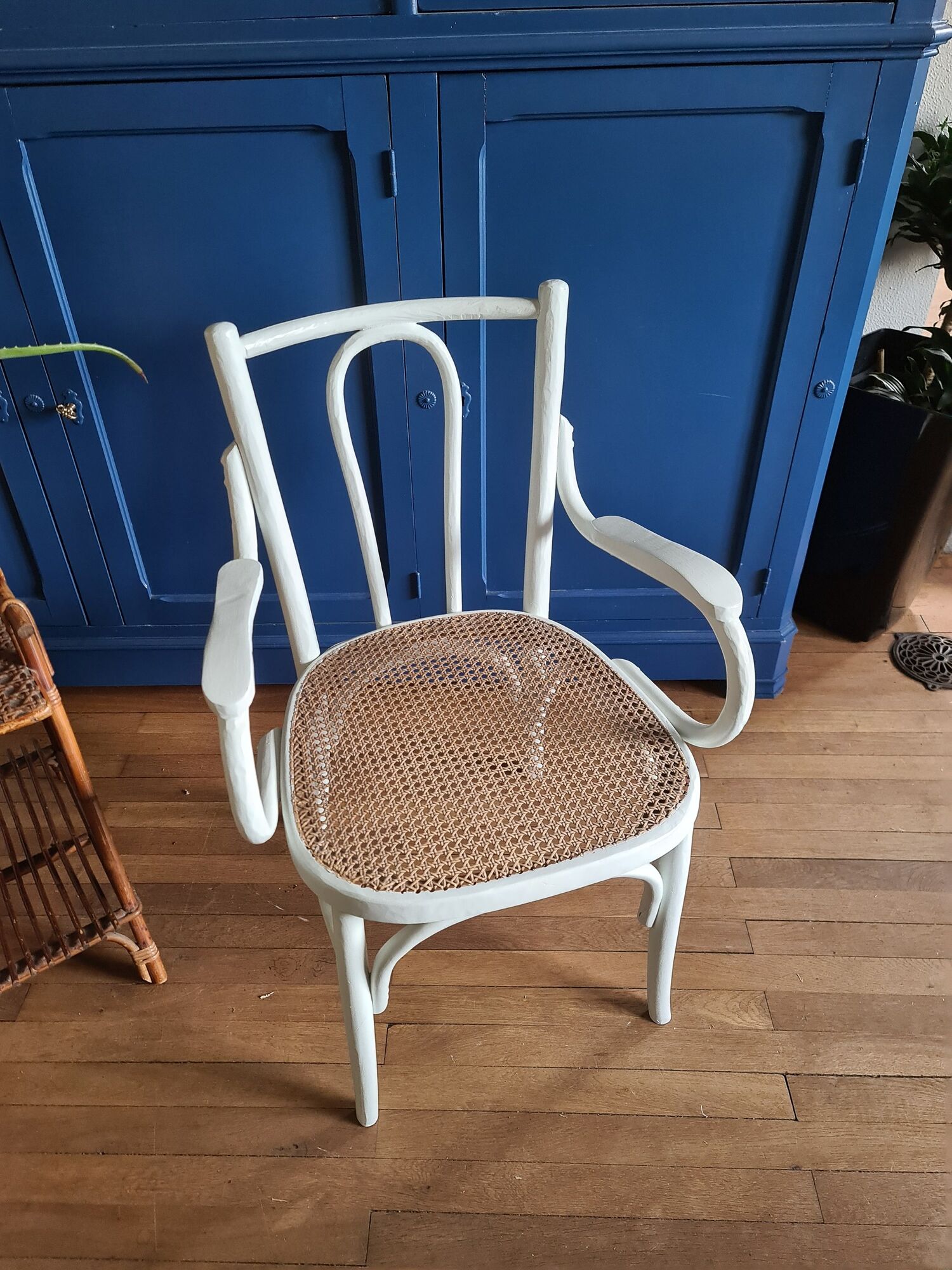 Chair / armchair cannage and wood painted shaby vintage