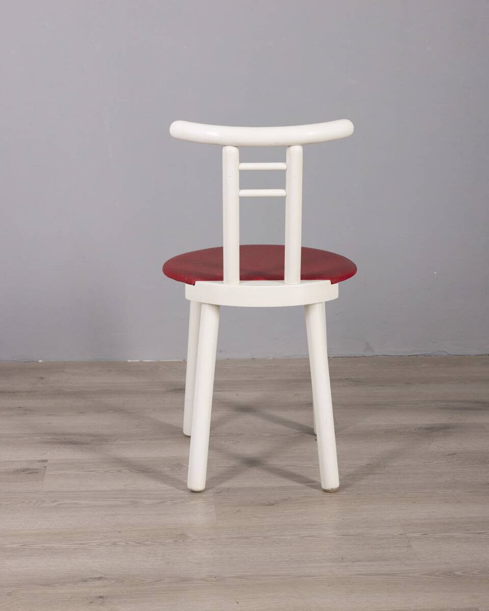 Set of 4 vintage 1980s chairs in wood and red vinyl, italian design