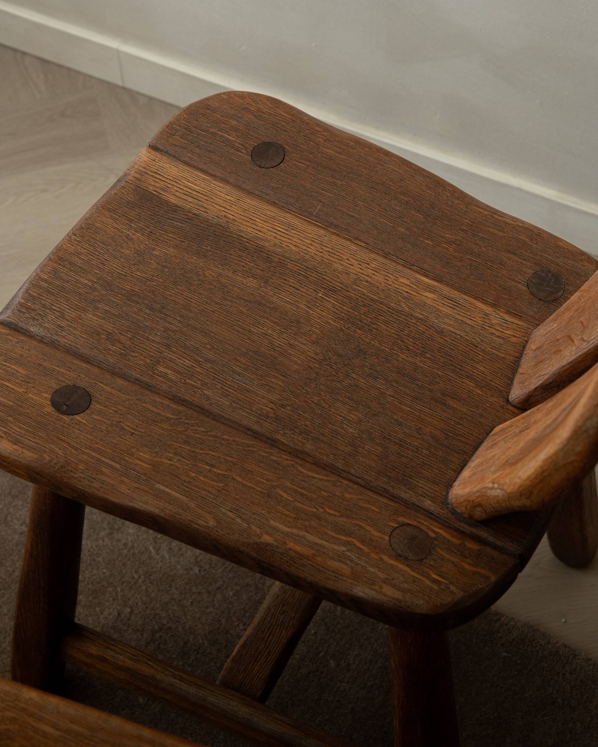 Brutalist Oak Dining Chairs Sculptural Backs by De Puydt, 1960s, Set of 4