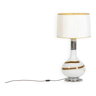 White glass lamp decorated with a brown and yellow spiral, 1970s