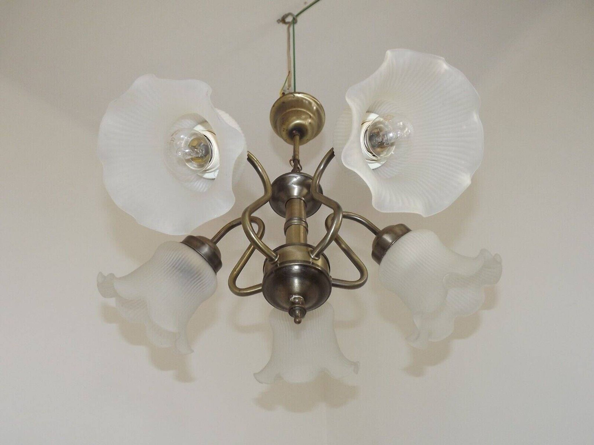 Vintage French 5 Light Silver Metal Chandelier With Patterned Glass Shades 4536