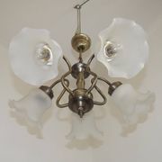 Vintage French 5 Light Silver Metal Chandelier With Patterned Glass Shades 4536