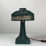 Green Art Deco rattan wicker mushroom "Eiffel" table lamp, 1950s