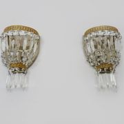 Pair of vintage bronze basket wall lights with glass pendants. The 50's