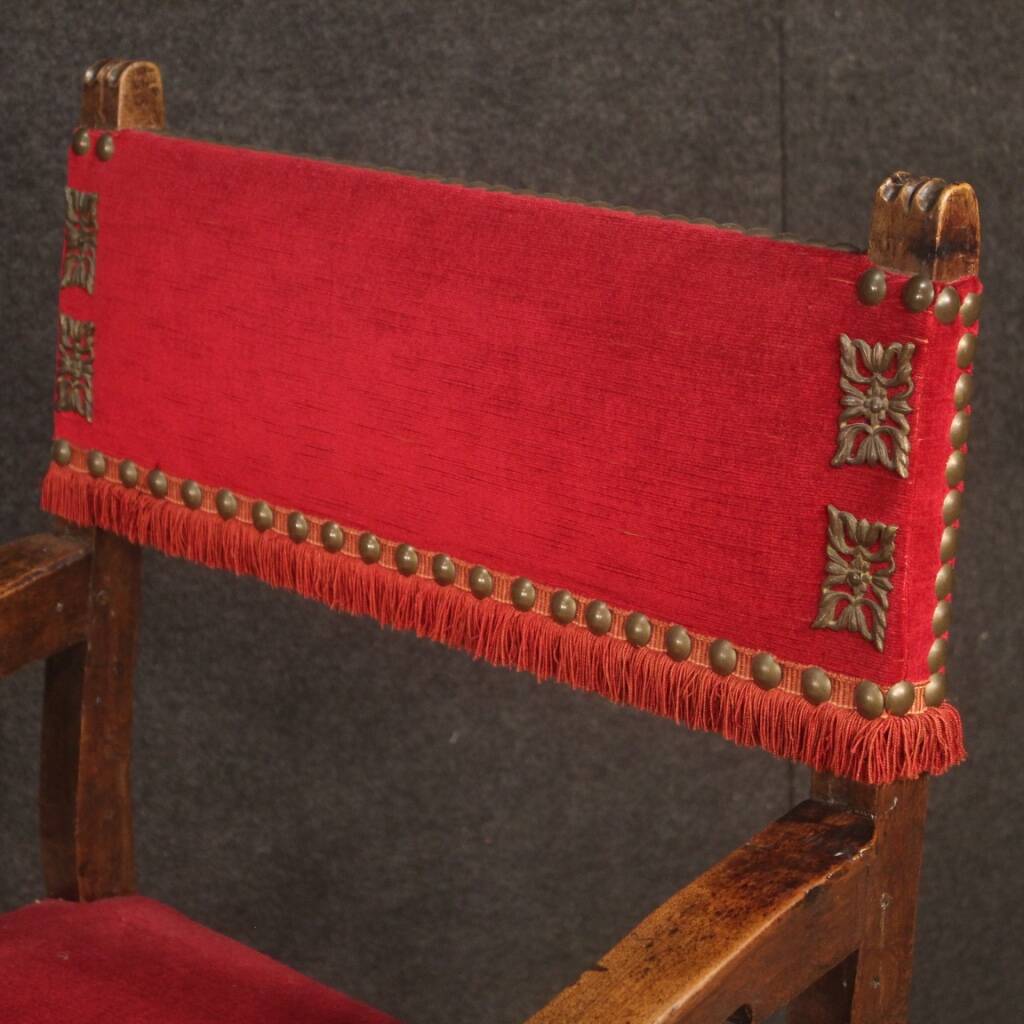Antique Italian Walnut Armchair With Red Fabric From 19th Century