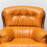 Pair of leather and wood armchairs 1950s vintage modernism