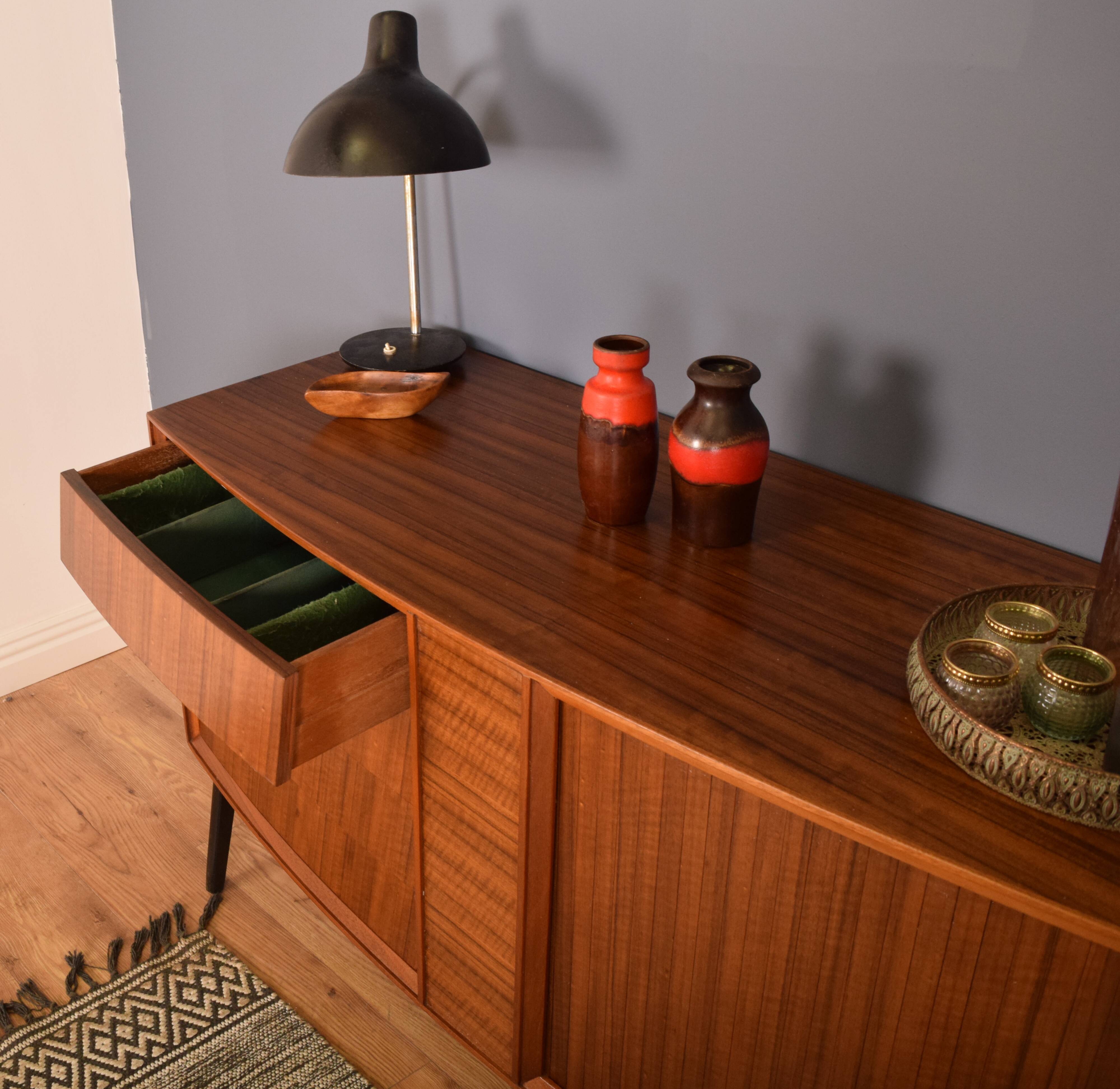 Restored Danish Style Walnut & Teak Sideboard With Tambour Doors