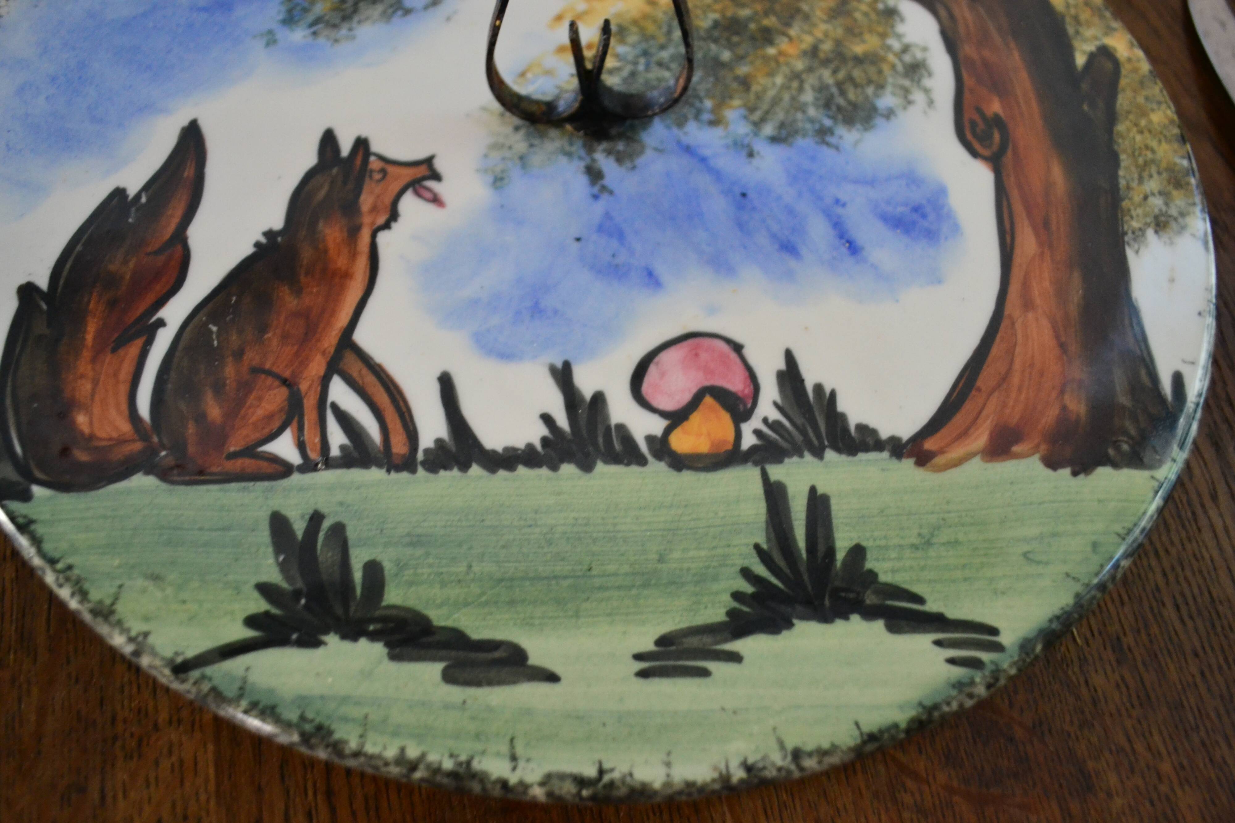 Vintage cheese board Fable de La Fontaine and his knife from the 60s