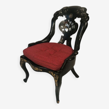 Napoleon III gondola chair in wood and black lacquered papier-mâché and burgauté