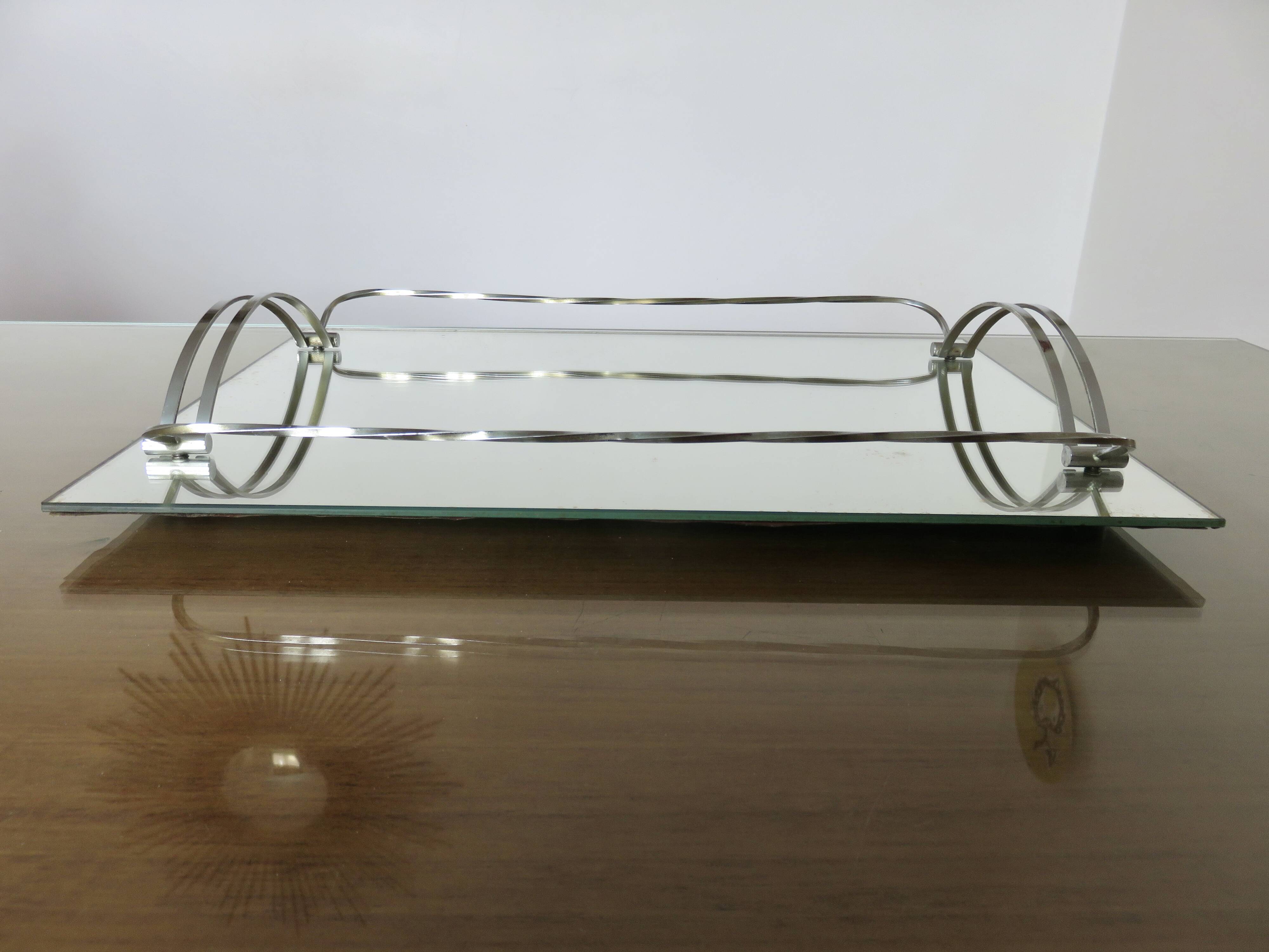 Ancien plateau miroir français en laiton chromé, art déco, années 20 30