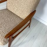 1970s Vintage Minimalistic Teak Armchair Lounge Chair with Bouclé