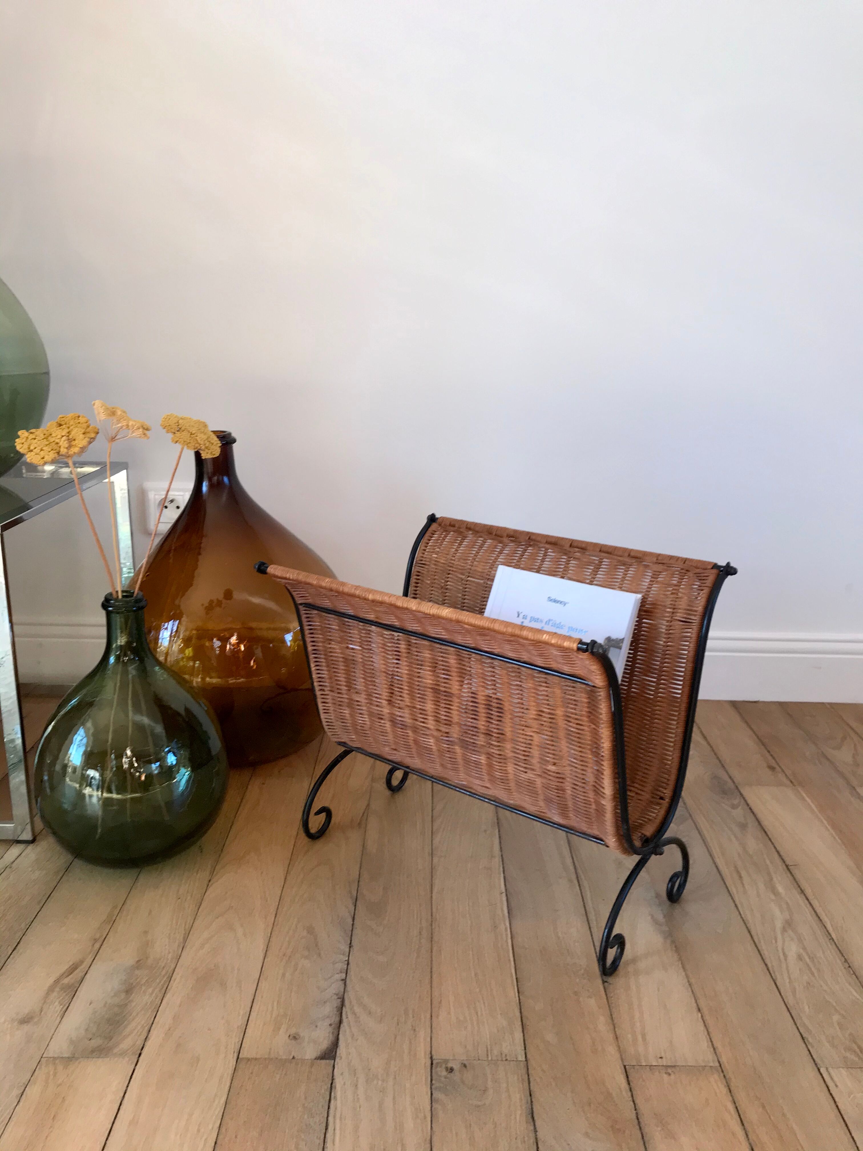 Wicker, rattan and black steel magazine holder 70s