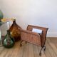 Wicker, rattan and black steel magazine holder 70s