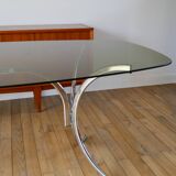 Table de salon en verre fumé et piètements en chrome, Design, 1970