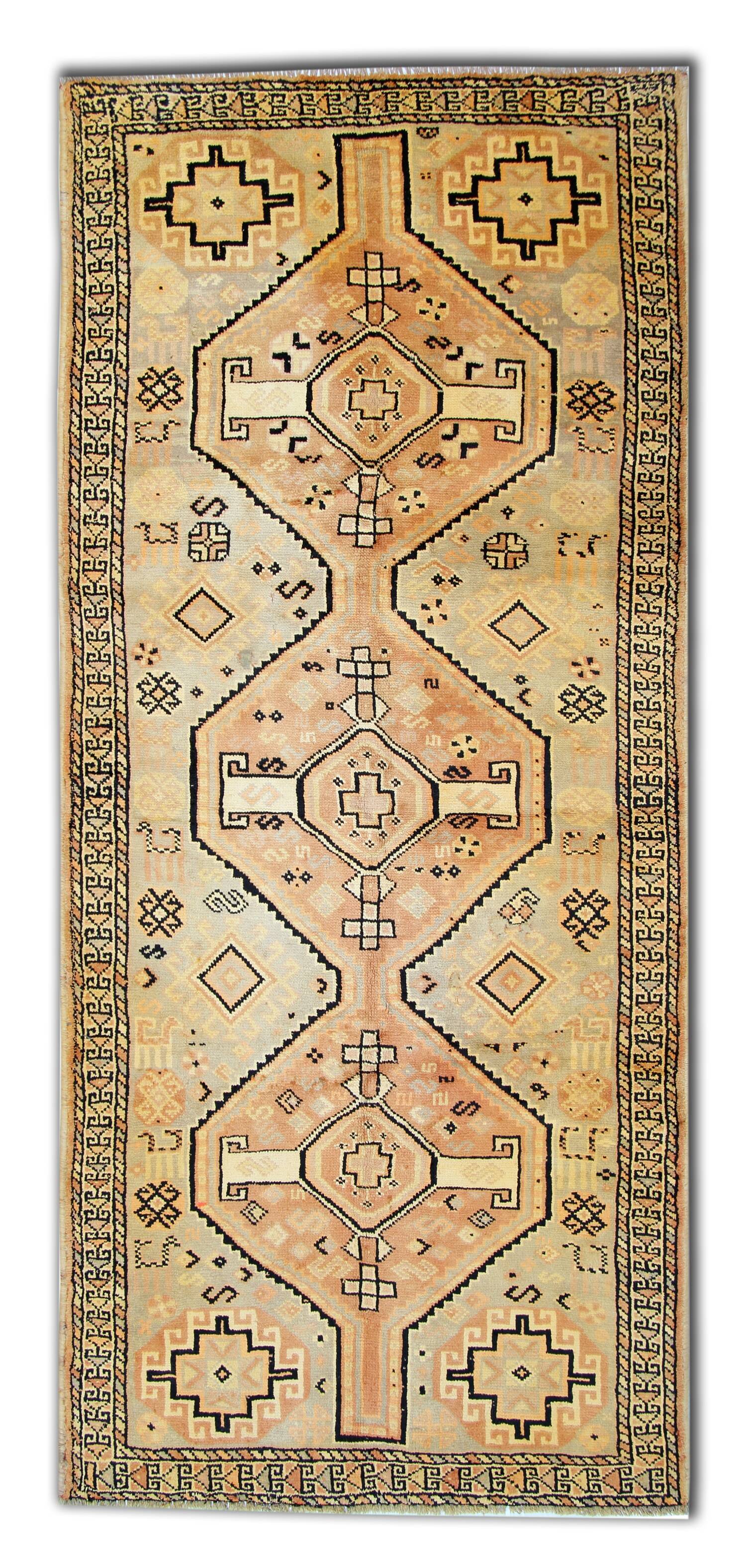 Persian Cream Tribal Runner Rug Handwoven Long Wool Carpet- 130x285cm