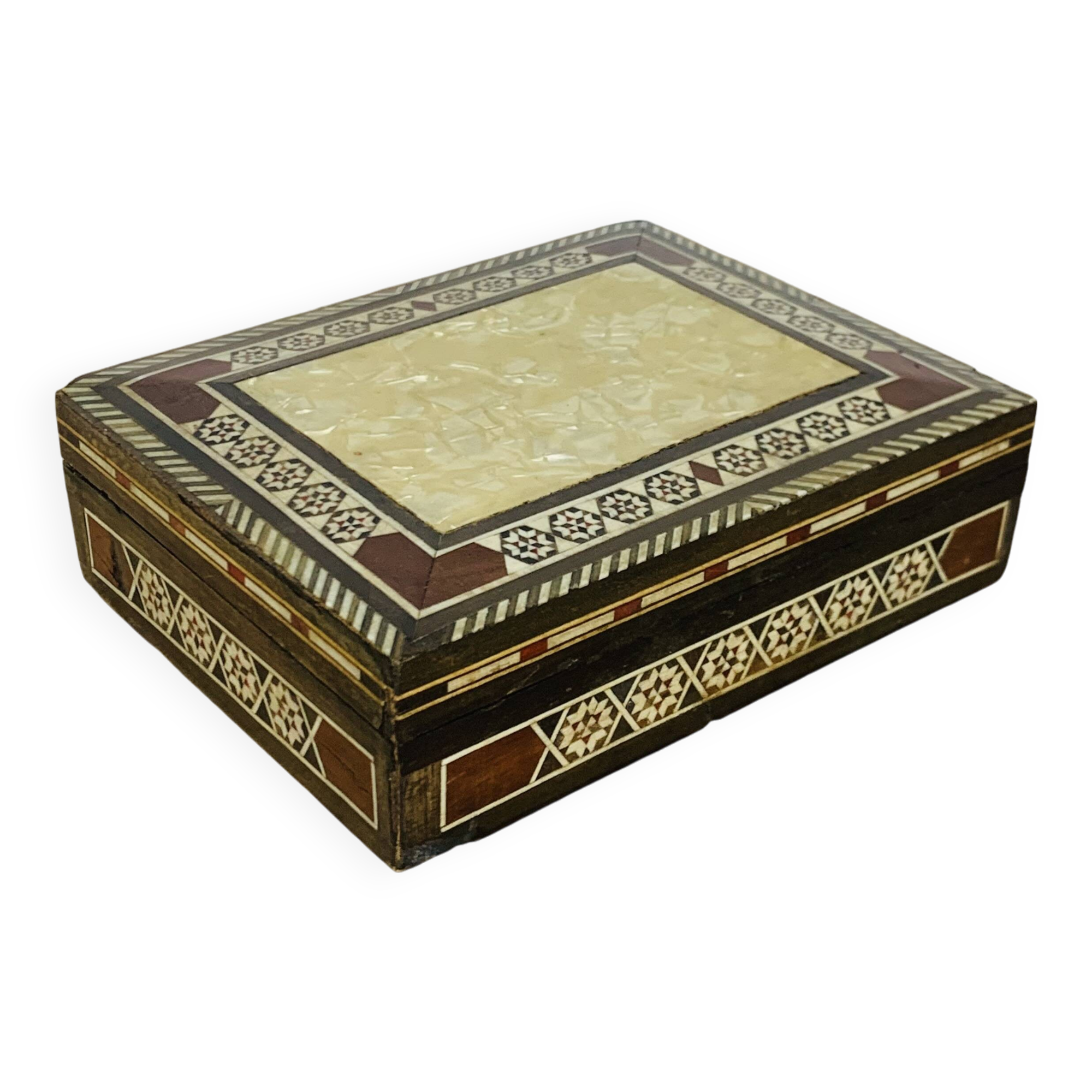 Mother-of-pearl and wood marquetry jewelry box