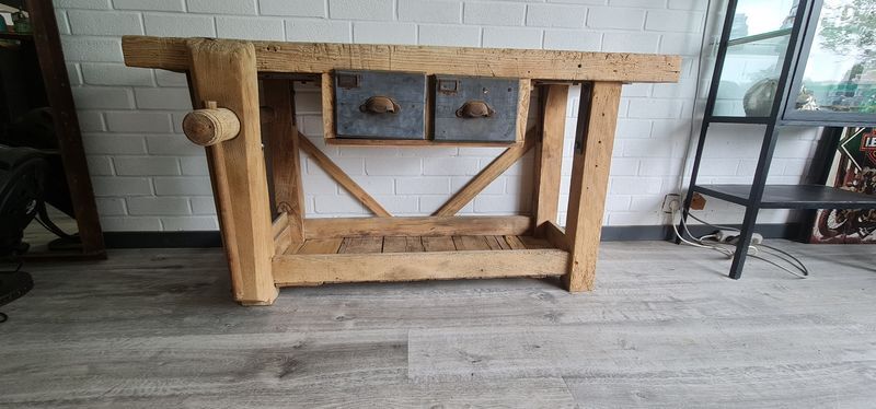 Old carpenter's workbench two drawers, industrial furniture