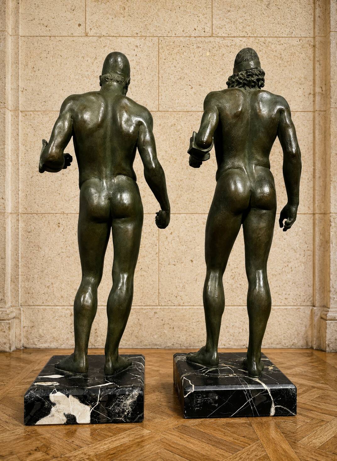 bronze sculptures with a green patina representing the Riace warriors