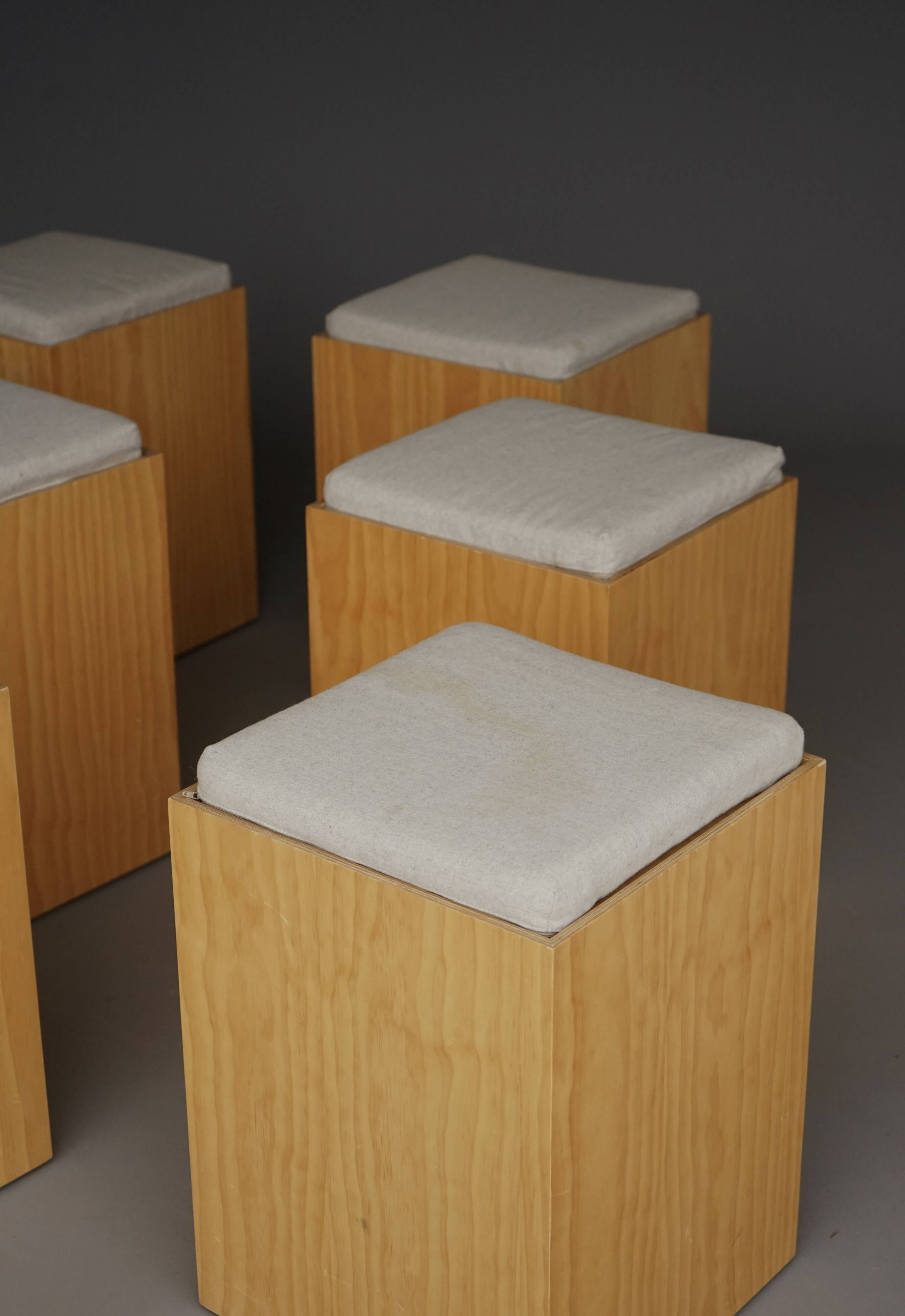 6 minimalist plywood stools with cushions, 1990s