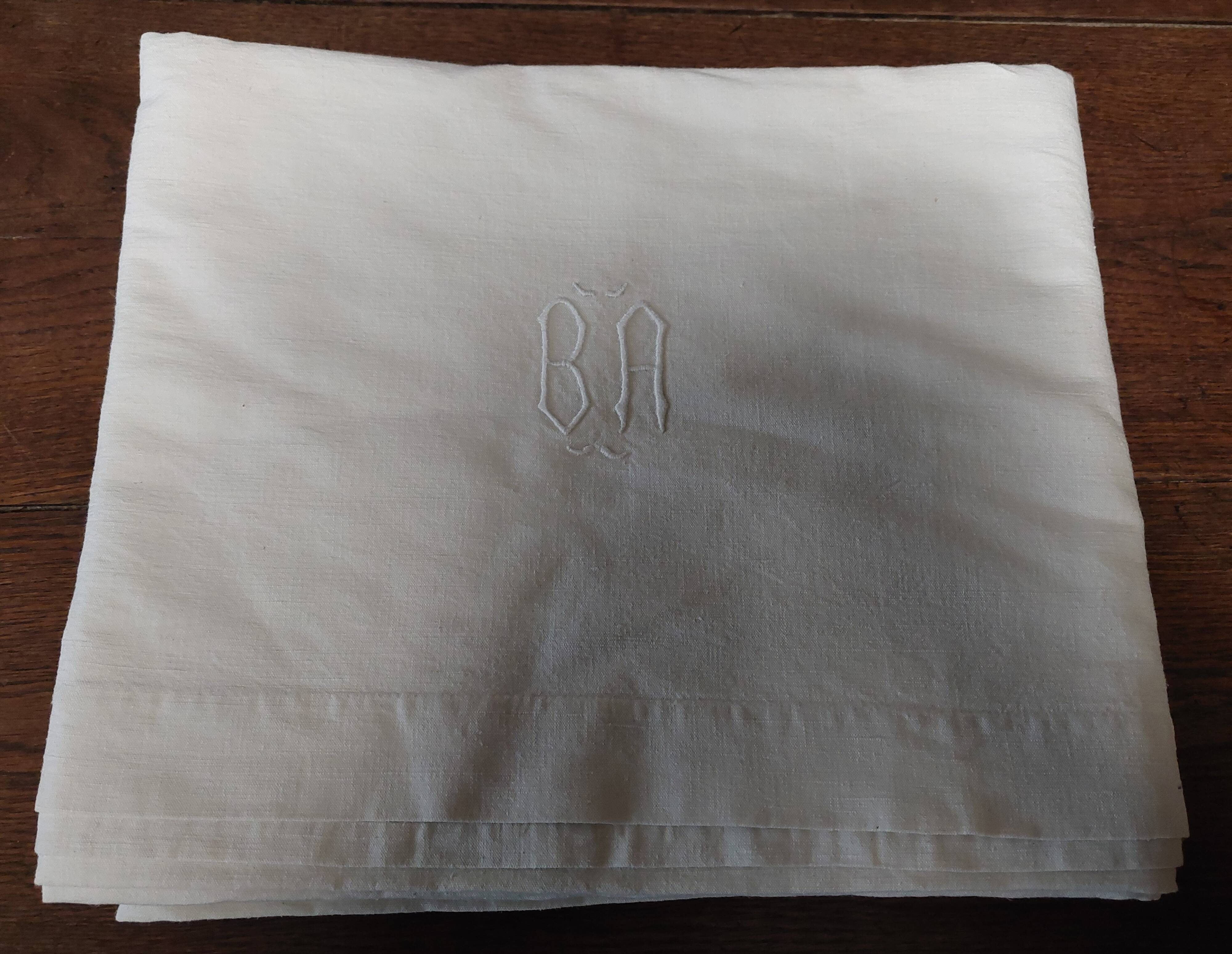Antique linen cotton mixed sheet monogram BA 220 X 290 cm