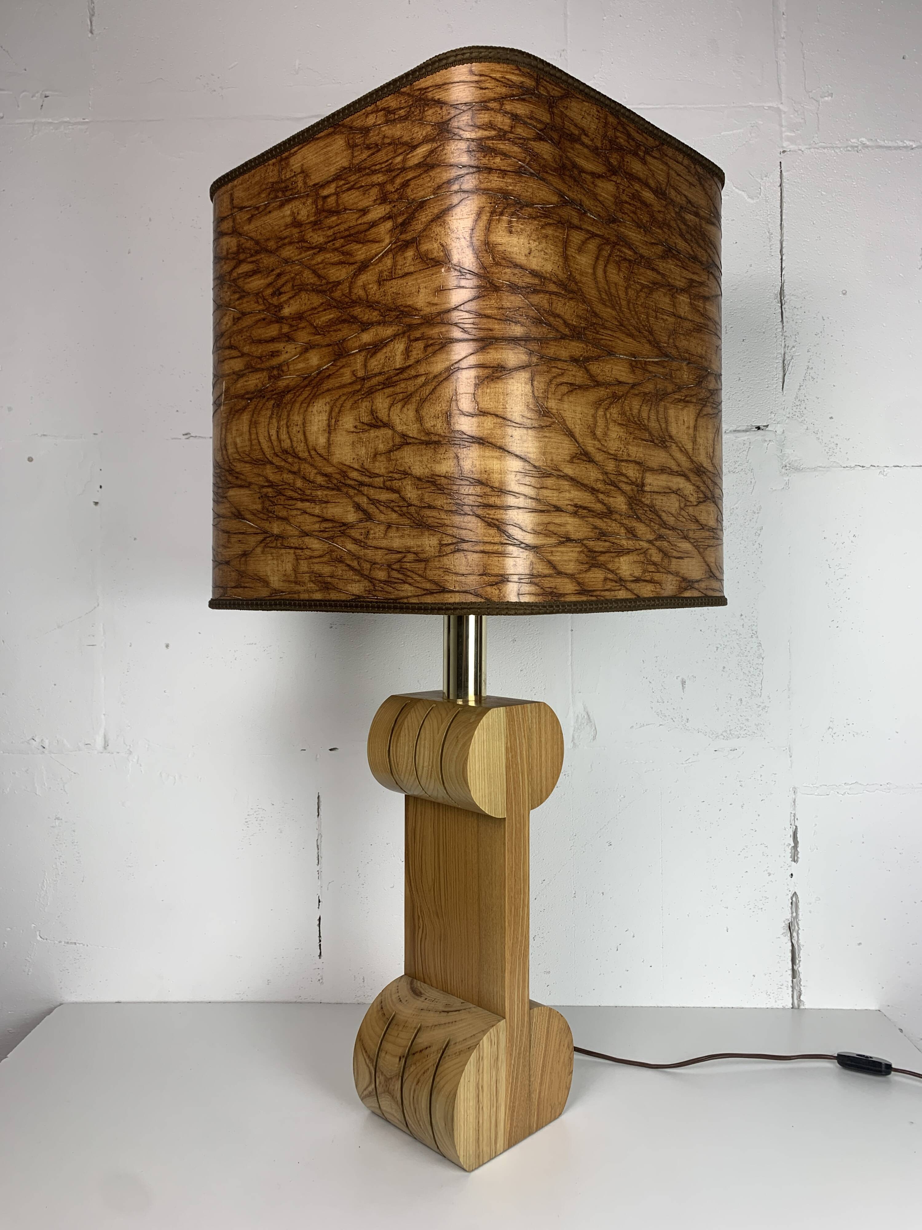 Midcentury Italian sculptural large table lamp with wood veneer shade