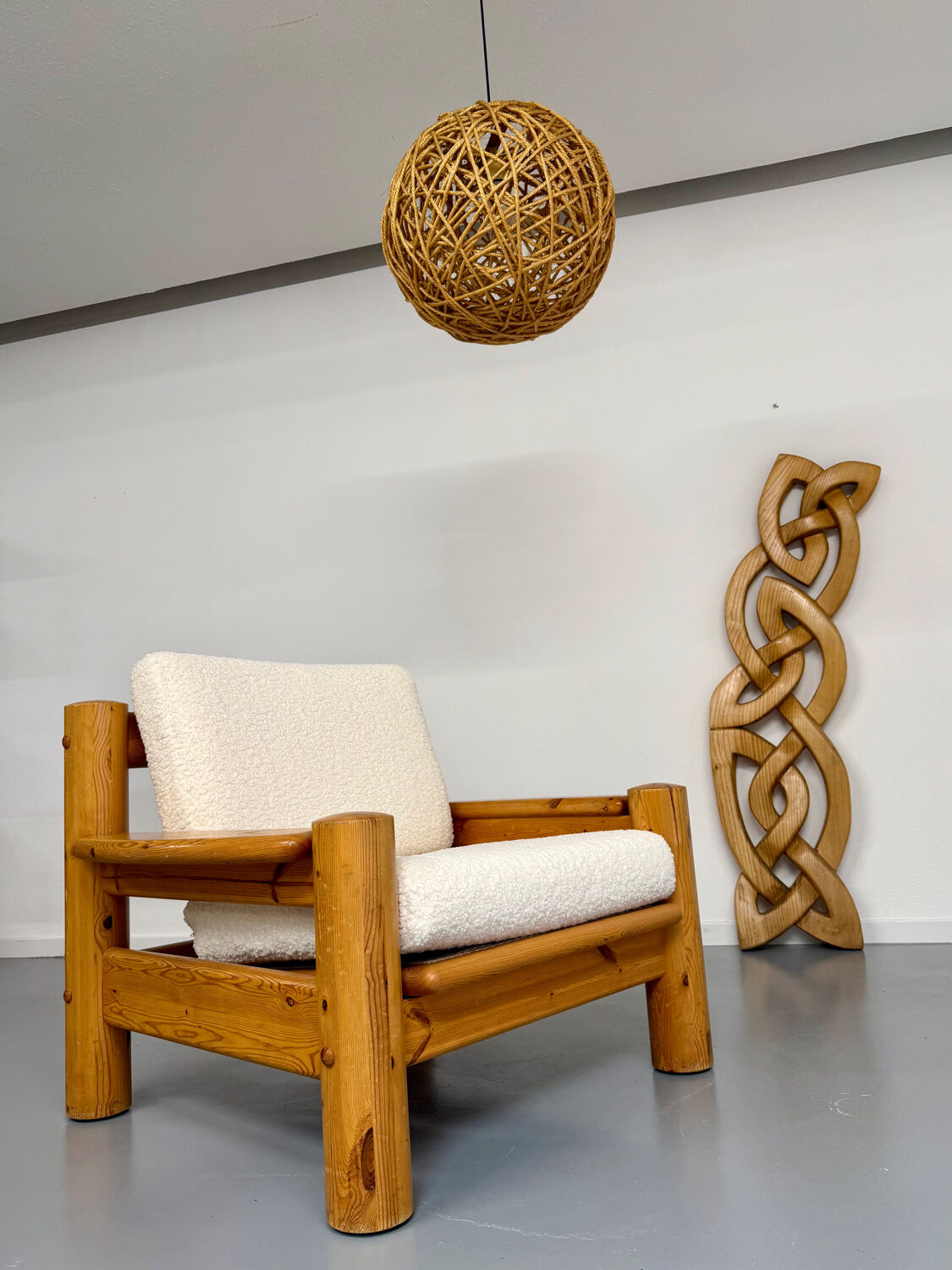 Twisted solid wood sculpture, vintage 1970s design.