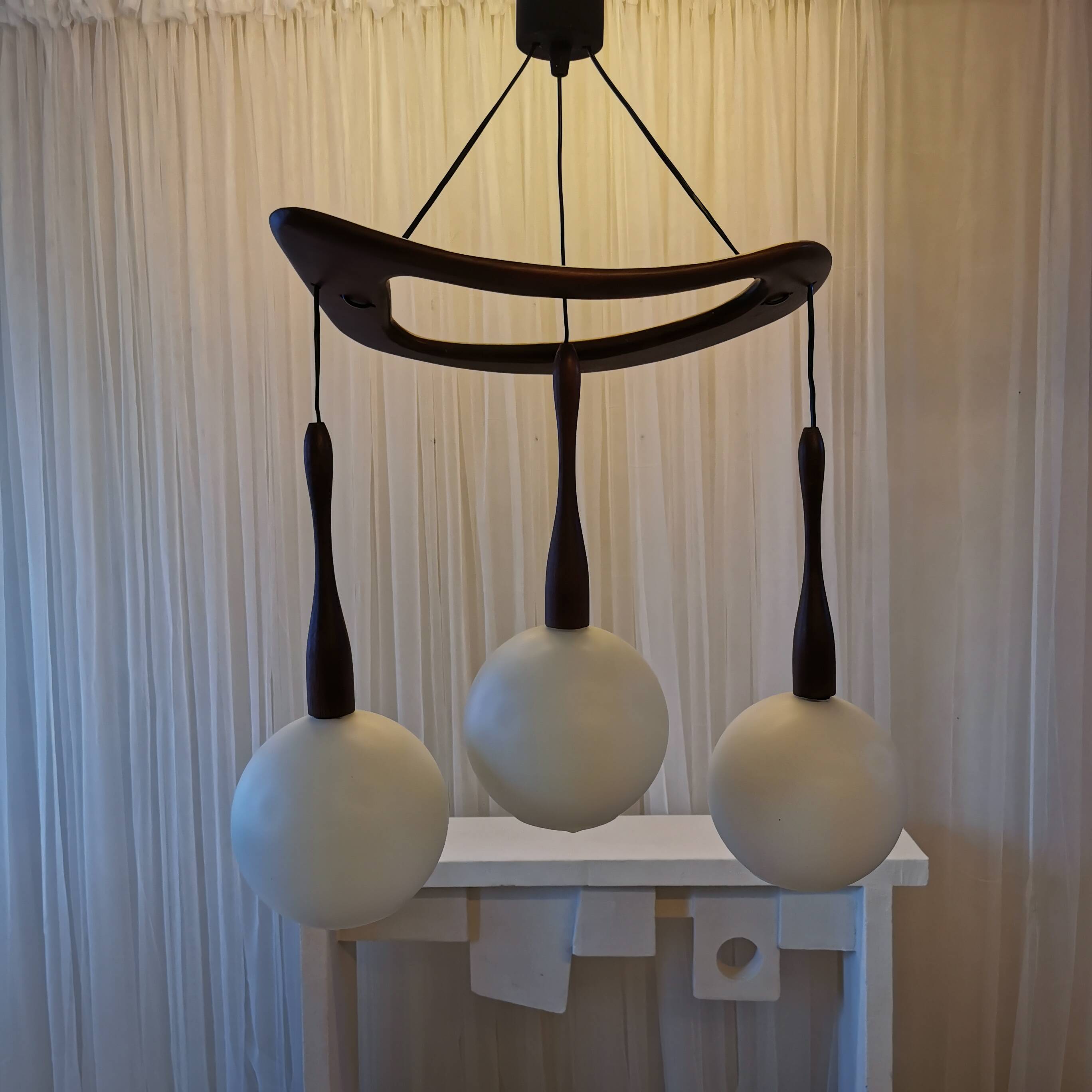 Teak and opaline chandelier