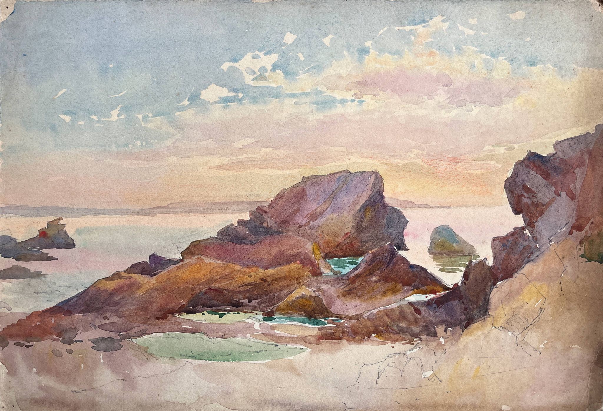 Painting Set of 3 watercolors Normandy Brittany Landscape Marine Ad. Cassagne