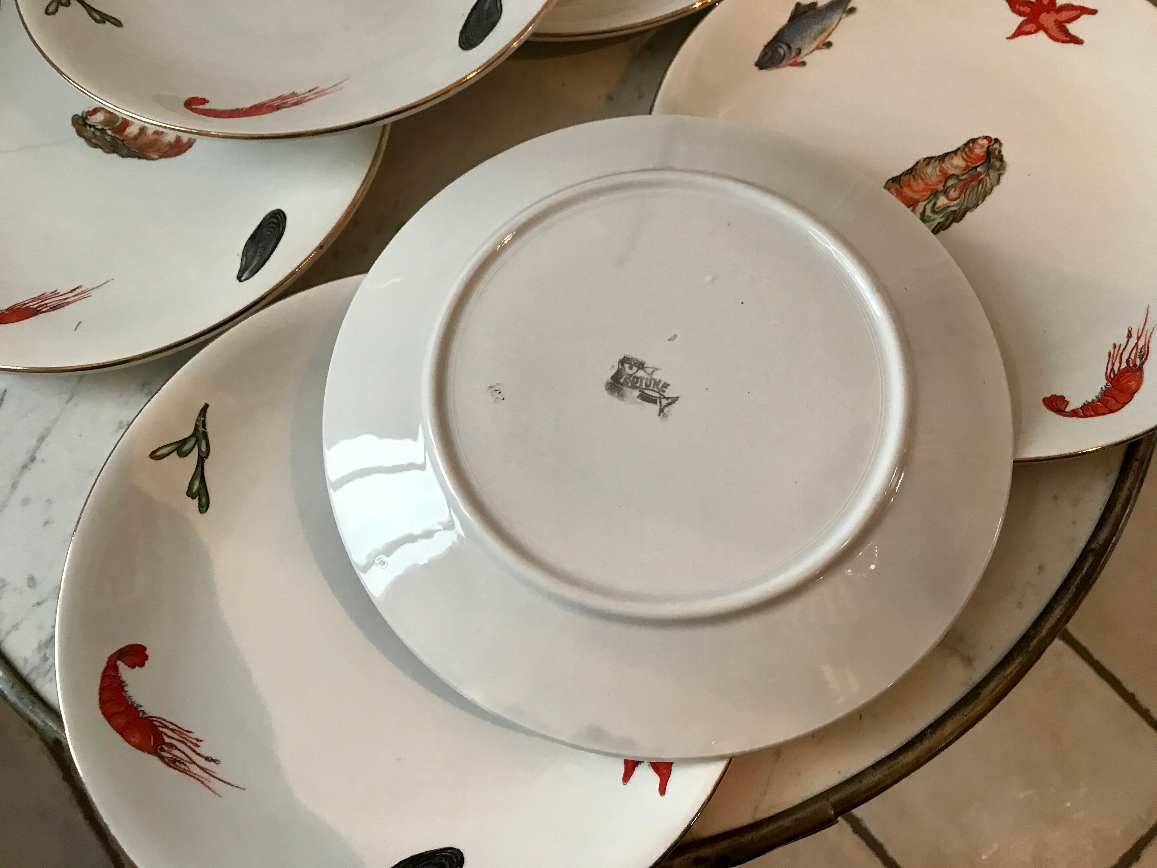Lot de 6 assiettes plates Digoin Sarreguemines modèle "Neptune" années 60-70