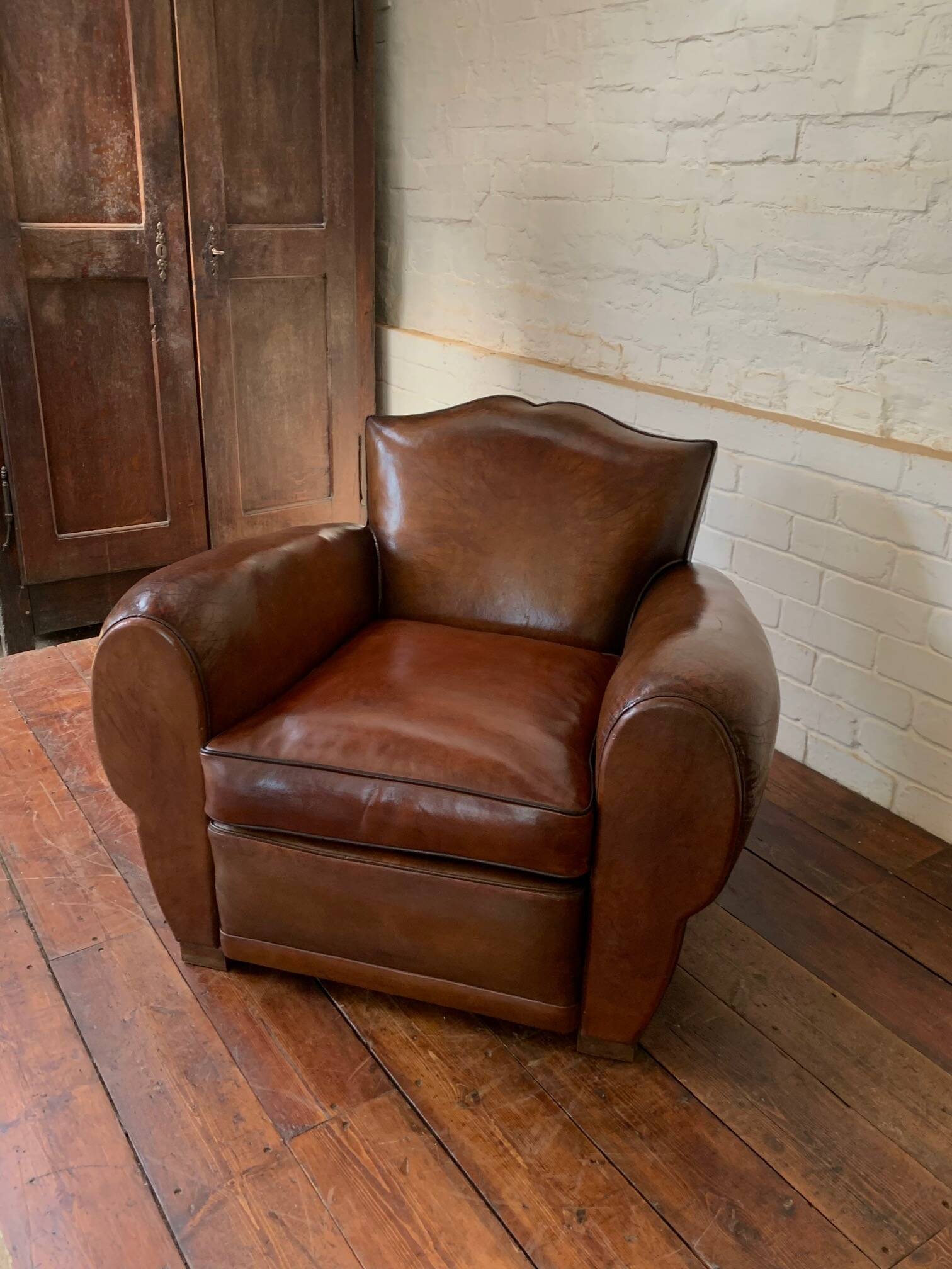 French Leather Club Chair, Havana Mustache Model, with Cuban Cigar Arms, Circa 1930's