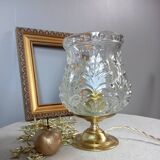 Brass foot table lamp, transparent textured molded globe, art deco style