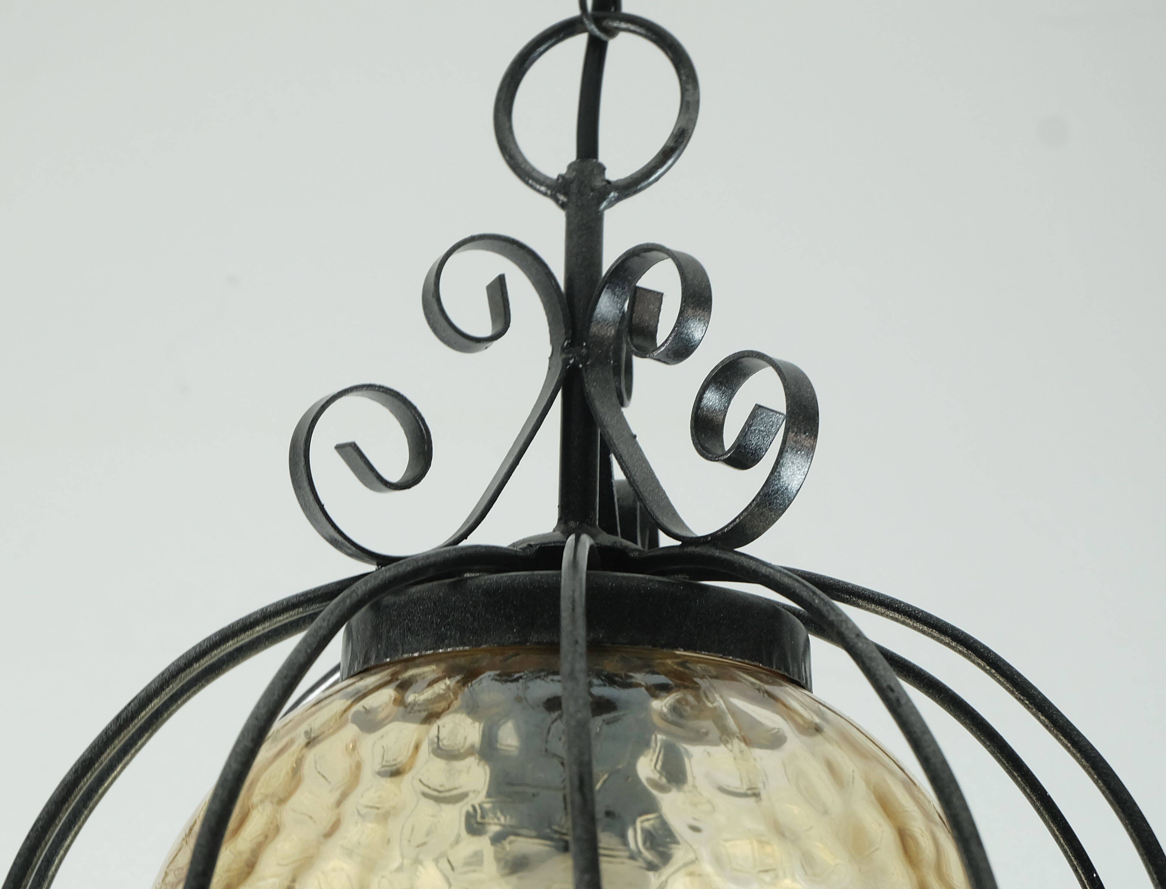 1970s Amber Glass Pendant Light with Iron Frame - 2 Available