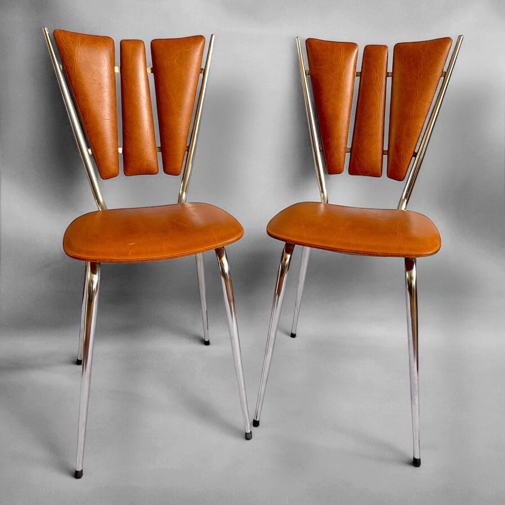 Pair of Tub Ménager vintage 70s petal chairs in brown leatherette and chrome