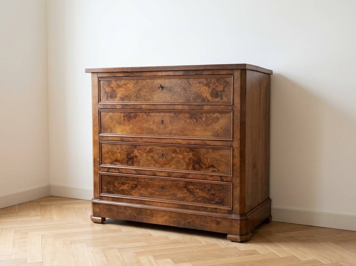 Antique walnut chest of drawers with 4 drawers.