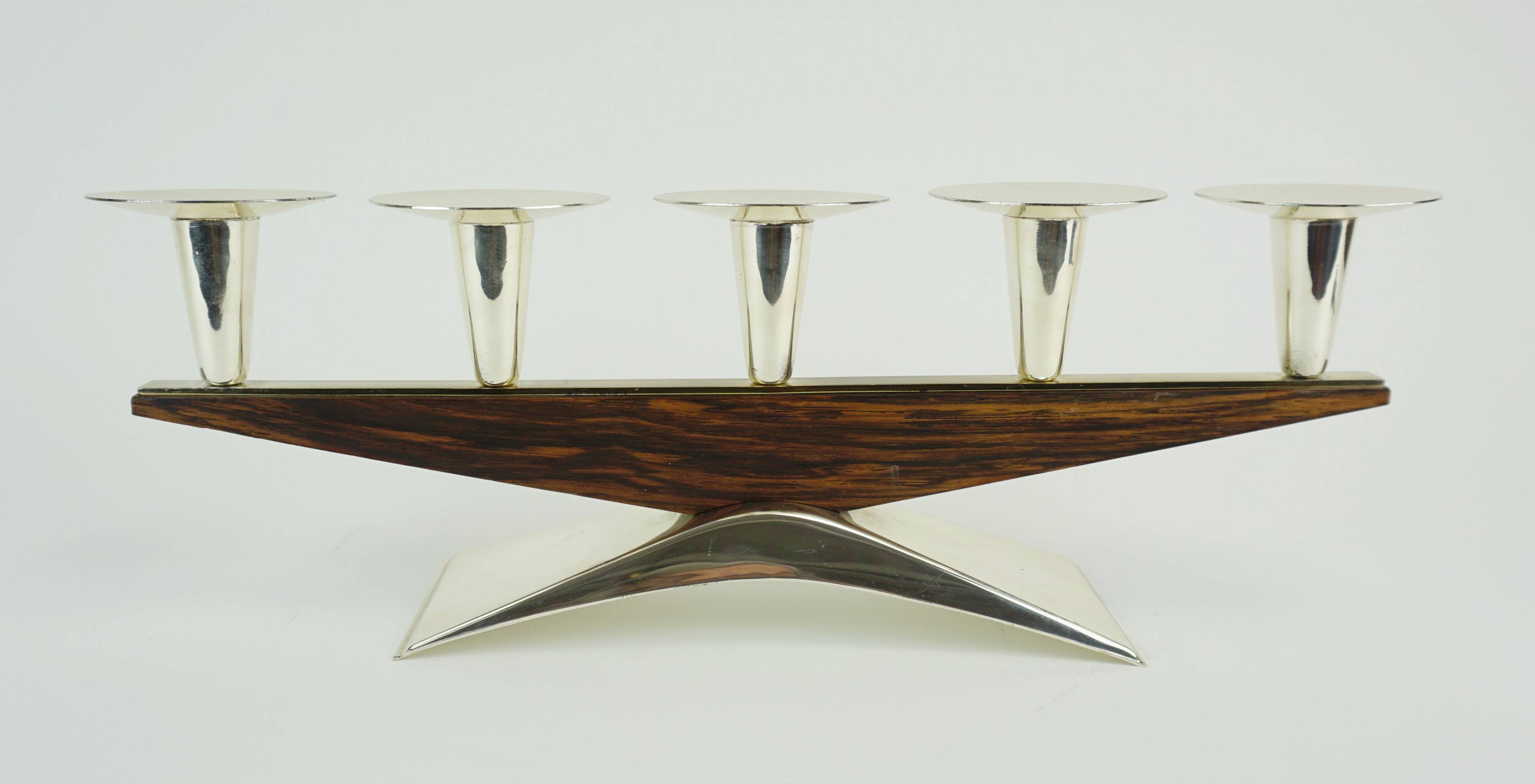 mid century modern CANDLE HOLDER silver-colored metal and wood 1950s 1960s