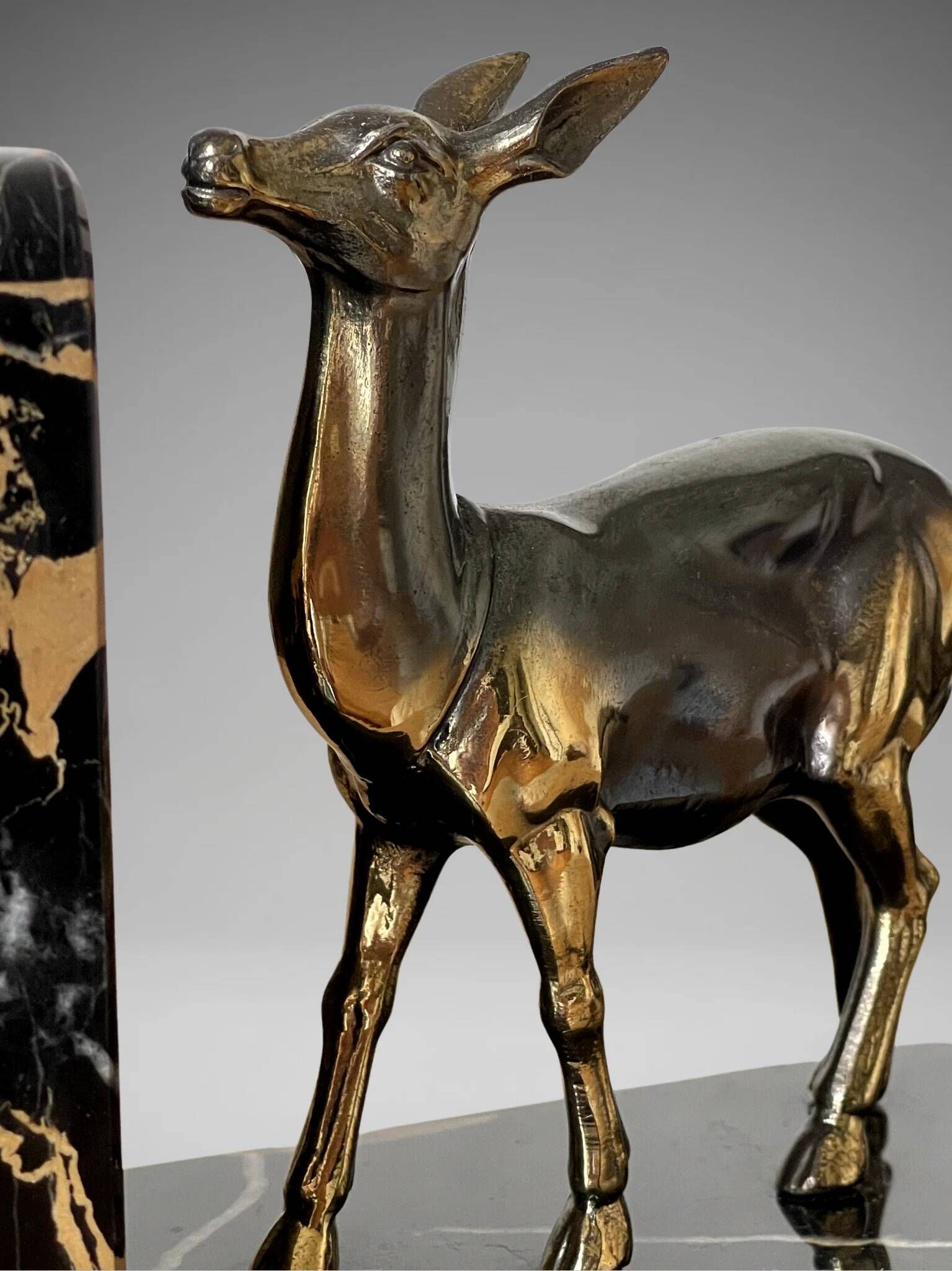 Pair of deer bookends in black marble and gold metal – Art Deco style