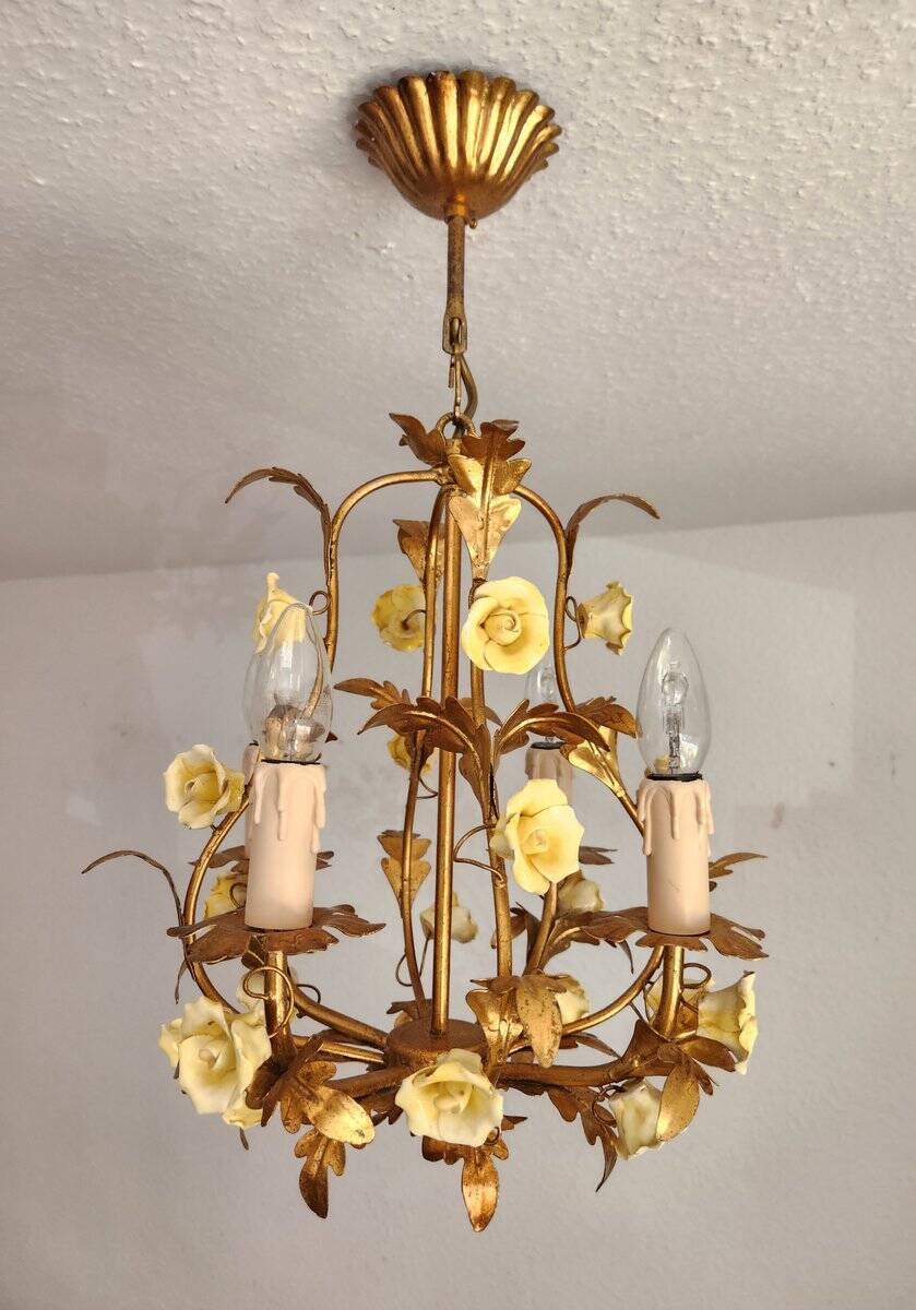 Hollywood Regency Vintage gold plated ceiling lamp porcelain roses Italy