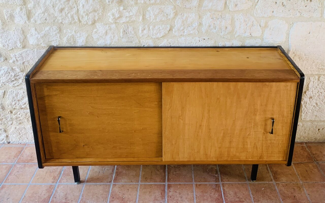 Small vintage row with sliding doors, metal legs Circa 50's