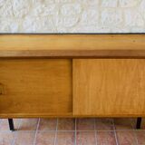 Small vintage row with sliding doors, metal legs Circa 50's